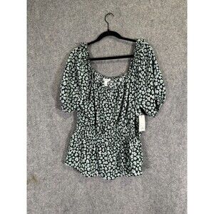 NWT Nine West  Blouse Women Extra Large Black Short Sleeve Square Neck Peplum